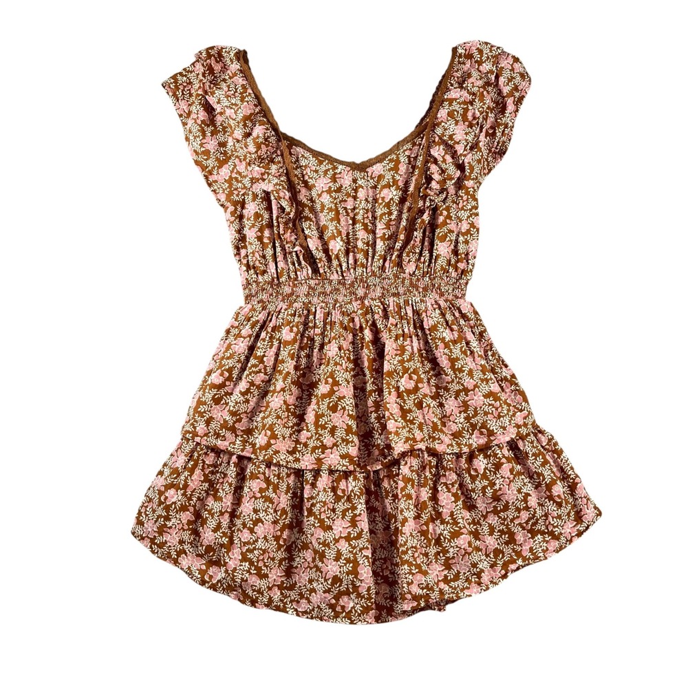 American Eagle Women Small‎ Brown Floral Tiered Mini Dress Smocked Waist Ruffle